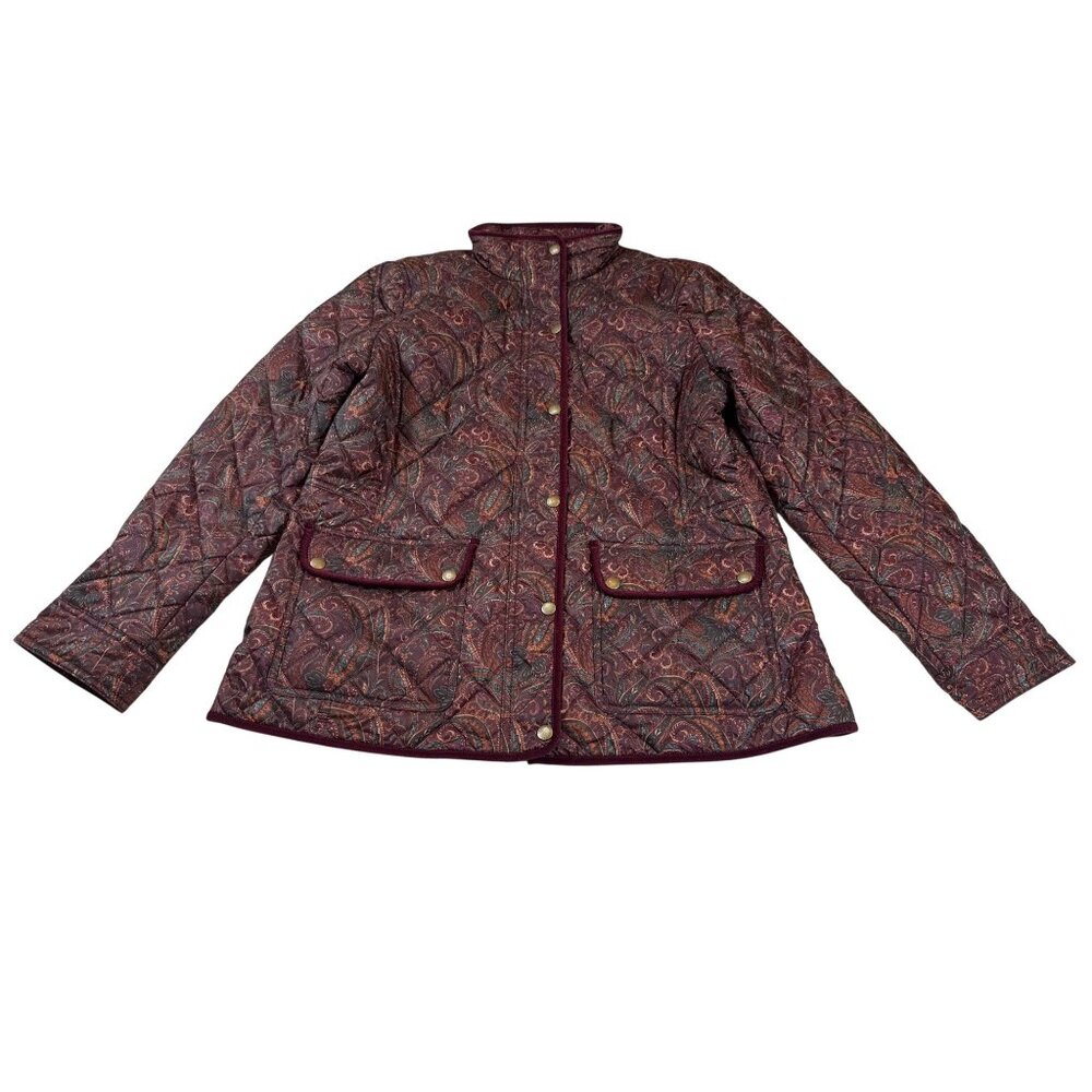 Talbots Quilted Paisley Jacket Burgundy Women’s large Snap Closure (HH359)